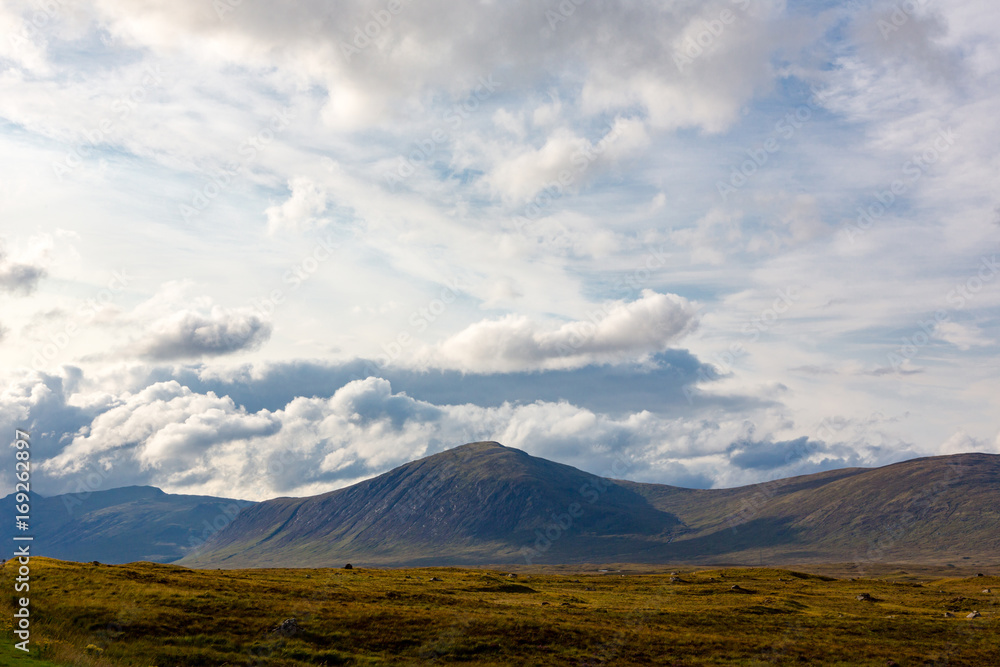 Panoramic view on Scottish Highlands with dramatic sky over hills