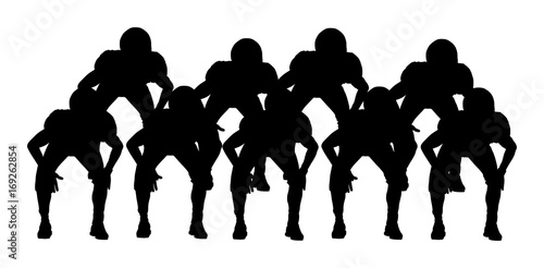 American football players on the scrimmage line vector silhouette. Rugby players team vector illustration. Defense formation in action. Professional league event, sport teamwork. photo