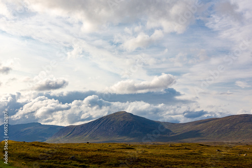 Panoramic view on Scottish Highlands with dramatic sky over hills