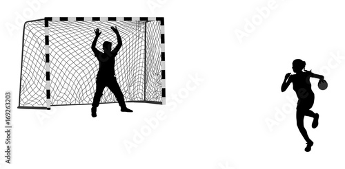 Handball (soccer) goalkeeper silhouette vector. Net isolated. Handball player. Attack shut penalty illustration. Elegant body sport figure shadow. Dynamic athlete woman handball player in action.