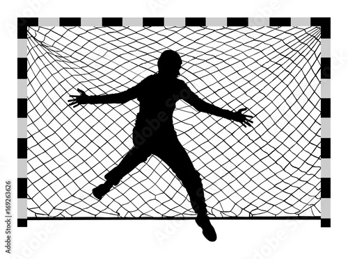 Handball (soccer) goalkeeper silhouette vector. Goalkeeper silhouette, black icon and net isolated on white background. 
