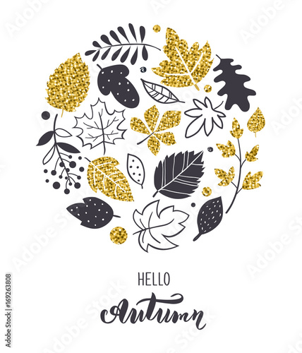 Autumn leaves background. Hand drawn Scandinavian style. Perfect for print, greeting card, cover, invitation. Gold and black color