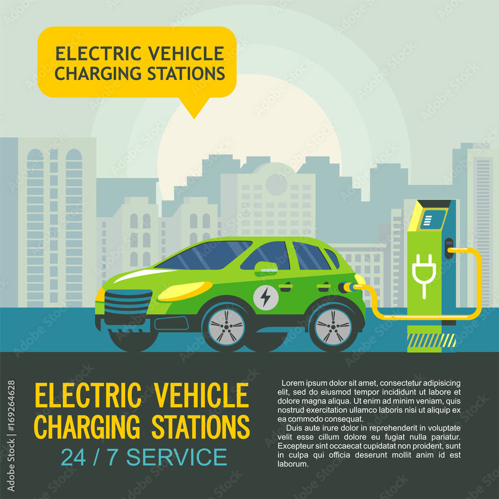 Green electric car at charging station. The background of urban landscape. Service electric vehicles. Vector illustration. Green electric car at charging station. The background of urban landscape. Service electric vehicles. Vector illustration.
