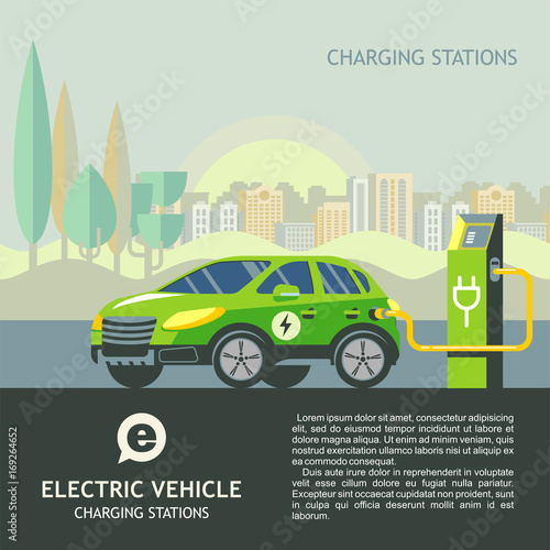Green electric car at charging station. The background of urban landscape.