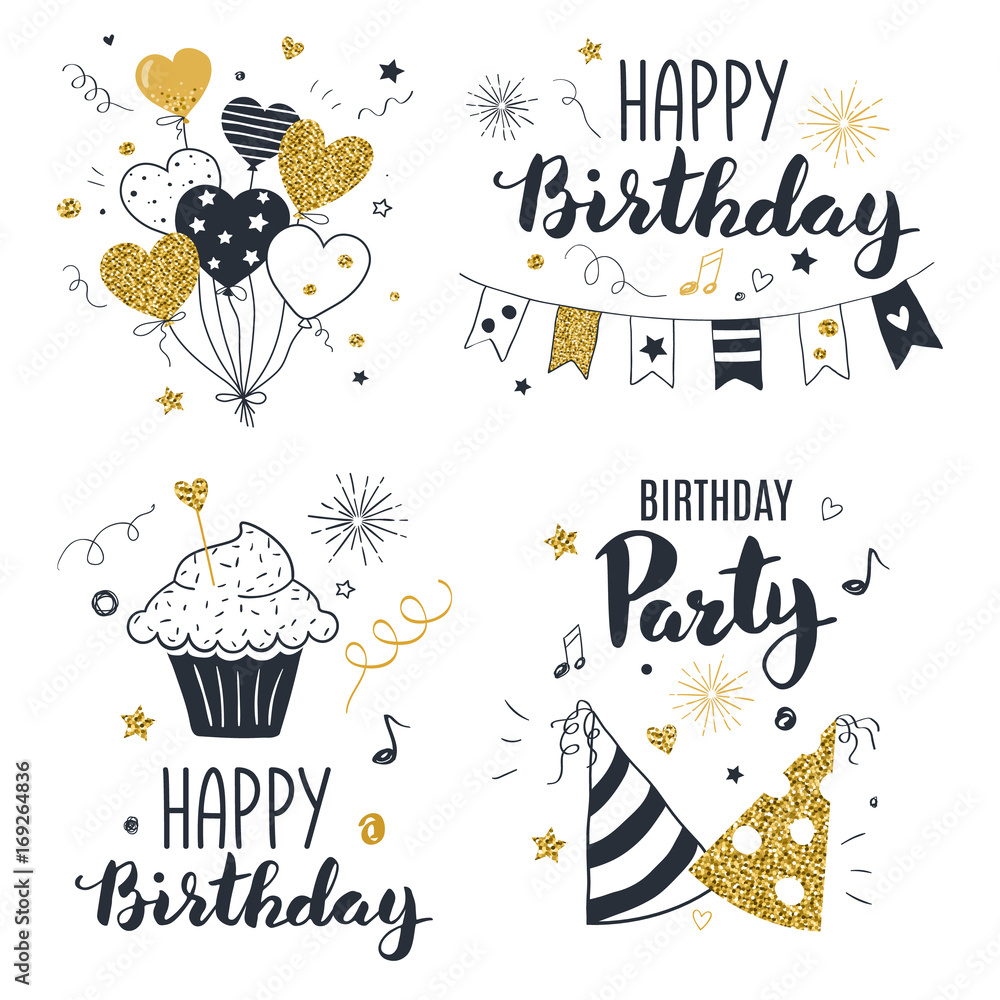 Set of birthday greeting cards design, black and gold colors, hand drawn style - obrazy, fototapety, plakaty 