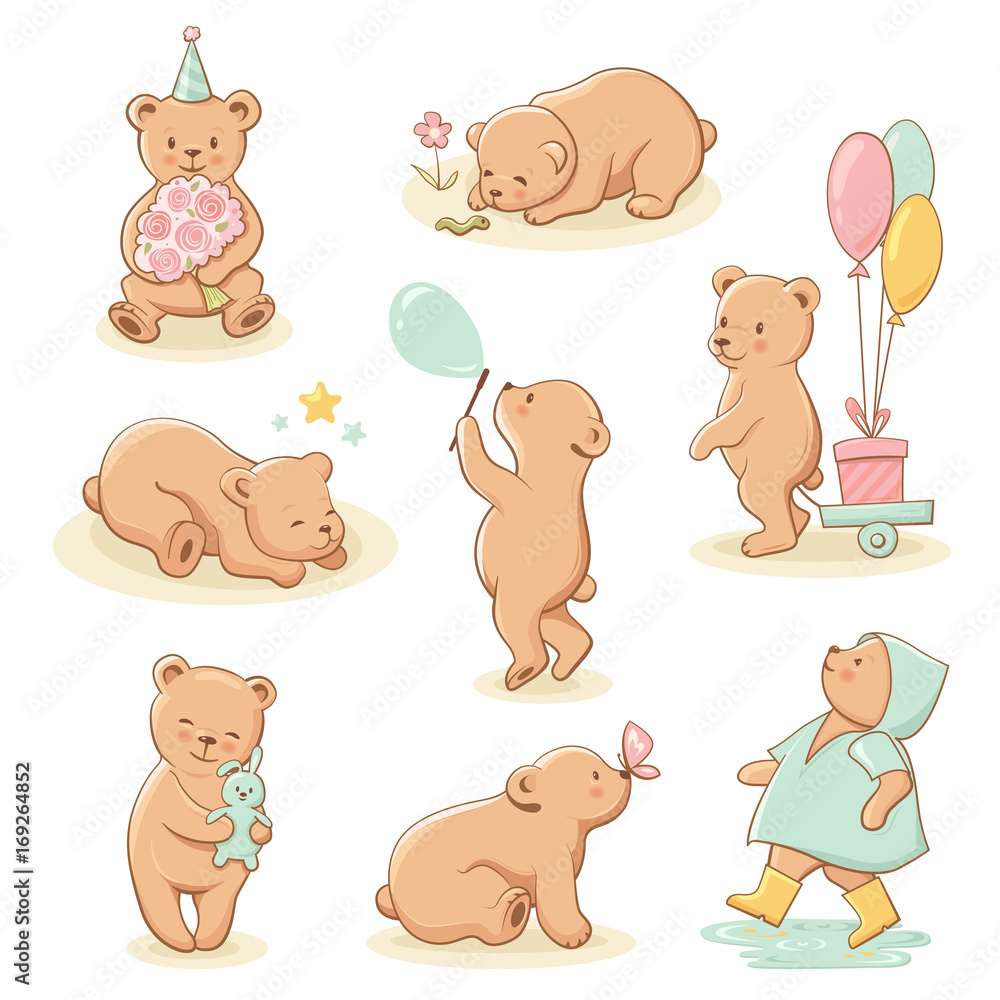Cute little bear characters set. Perfect for baby shower celebration greeting card, stickers, invitation, t-shirt print, fashion design, kids wear. Cartoon hand drawn style, vector illustration.