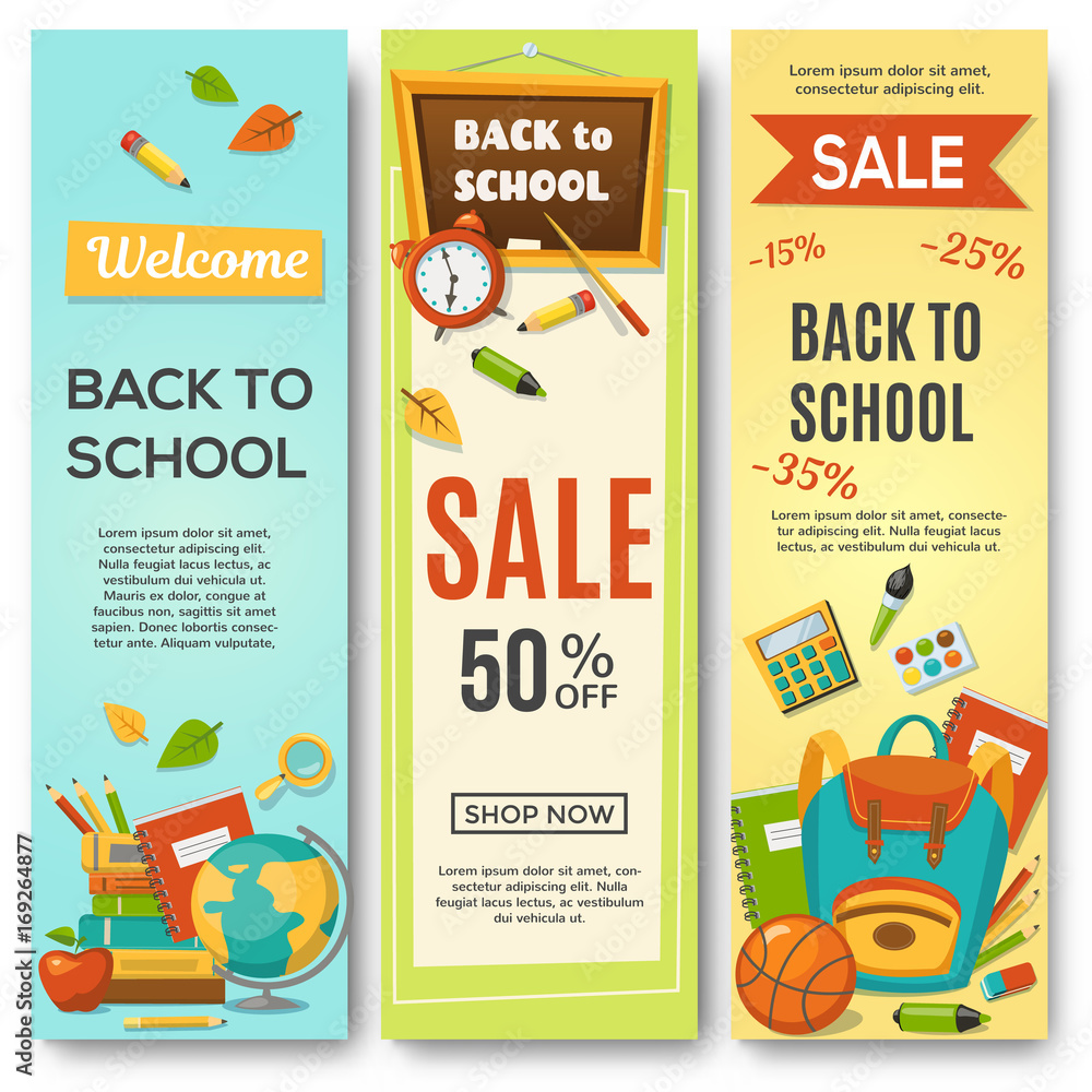 Back to School, set of vertical banners with school supplies, Vector illustration in cartoon style.