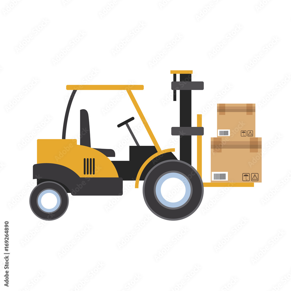 forklift loaded with cardboard boxes logistics and delivery vector illustration