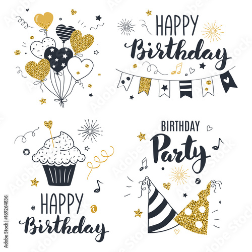 Set of birthday greeting cards design, black and gold colors, hand drawn style