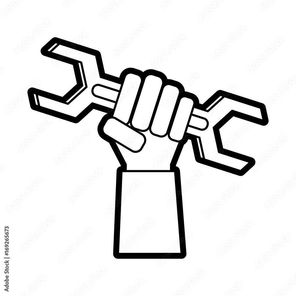 Flat line uncolored hand and wrench over white background vector illustration
