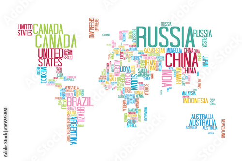 World Map with Countries name Text or Typography with Colorful color separate by country