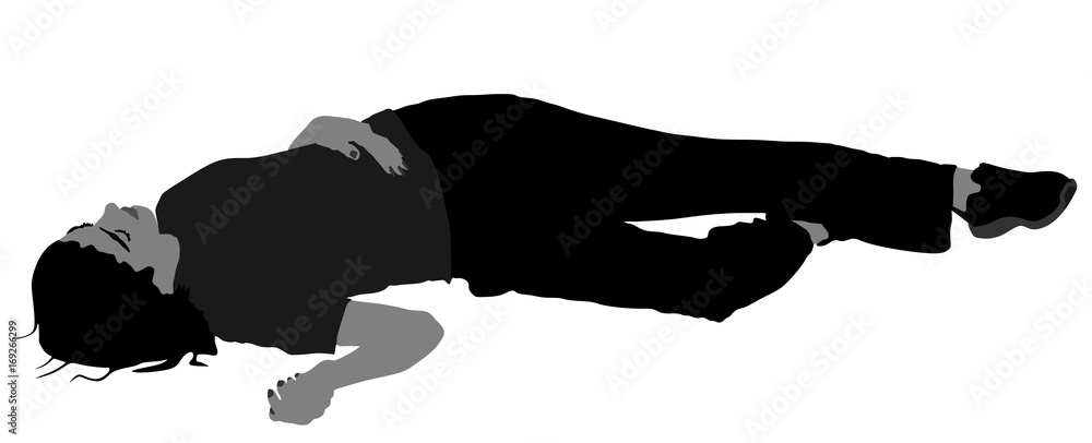 Dead girl lying on the sidewalk vector silhouette illustration. Drunk girl after party. Patient women rescue. Drunk person overdose. Sick teenager. - obrazy, fototapety, plakaty 