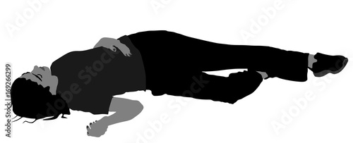 Dead girl lying on the sidewalk vector silhouette illustration. Drunk girl after party. Patient women rescue. Drunk person overdose. Sick teenager.