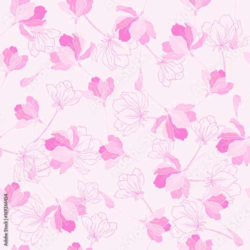 Apple flower tree blossom hand drawn isolated on white background, seamless vector floral pattern, pink sakura line art for greeting card, package design cosmetic, wedding invitation, wallpaper beauty © m_e_l