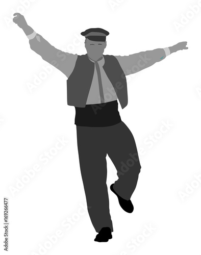 A Greek Evzone dancing vector silhouette isolated on white background. Dancing man silhouette vector illustration. Traditional dance. Greek symbol.  Sirtaki, Syrtaki, Zorba dance.