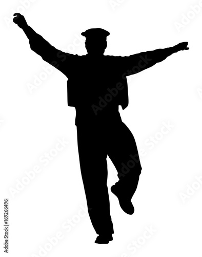 A Greek Evzone dancing vector silhouette isolated on white background. Dancing man silhouette vector illustration. Traditional dance. Greek symbol.  Sirtaki, Syrtaki, Zorba dance.