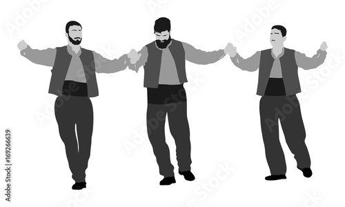 A Greek Evzone dancing vector silhouette isolated on white background.Traditional dance. Dancing man silhouette vector illustration. Traditional Balkan dance.  Sirtaki, Syrtaki, Zorba dance.