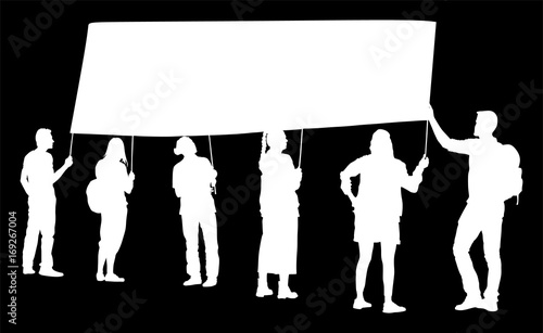 Group of protester vector silhouette illustration. Hand holding sign. Man hand. Empty editable plate isolated. Blank protest sign. Political agitation campaign. Propaganda poster. Agitation campaign.