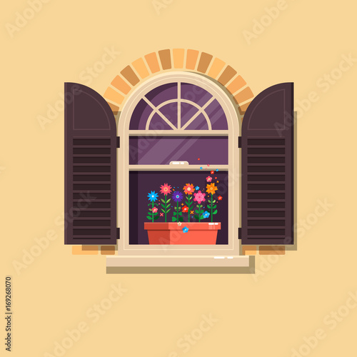 Vector window with brown shutters and flower pots on a brick wall.Cartoon house element.