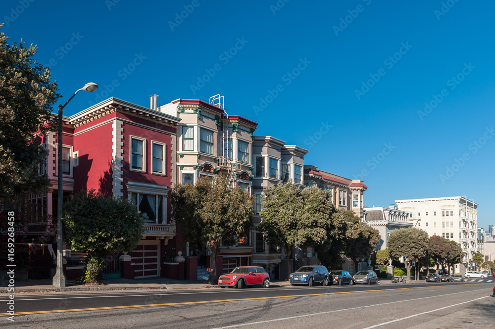 Victorian architecture in San Francisco California USA. Architecture of the residential buildings with a colorful facades