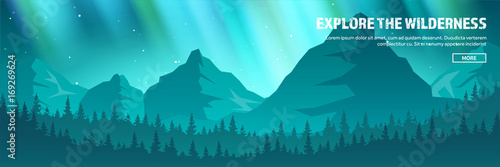 Mountains and forest header. Wild nature landscape. Travel and adventure.Panorama. Into the woods. Horizon line.Trees,fogfog.