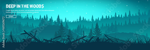 Mountains and forest header. Wild nature landscape. Travel and adventure.Panorama. Into the woods. Horizon line.Trees,fogfog.