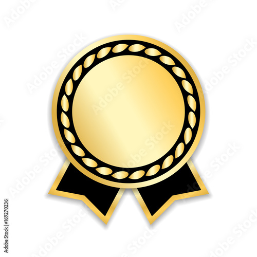 Award ribbon isolated. Gold design medal, label, badge, certificate. Symbol best sale, price, quality, guarantee or success, achievement. Golden ribbon award decoration Vector illustration