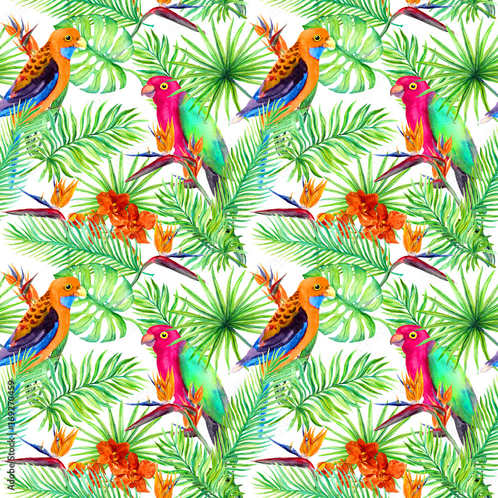 Obraz premium Jungle parrots, exotic plants - palm, monstera, flowers. Repeating pattern. Aquarelle