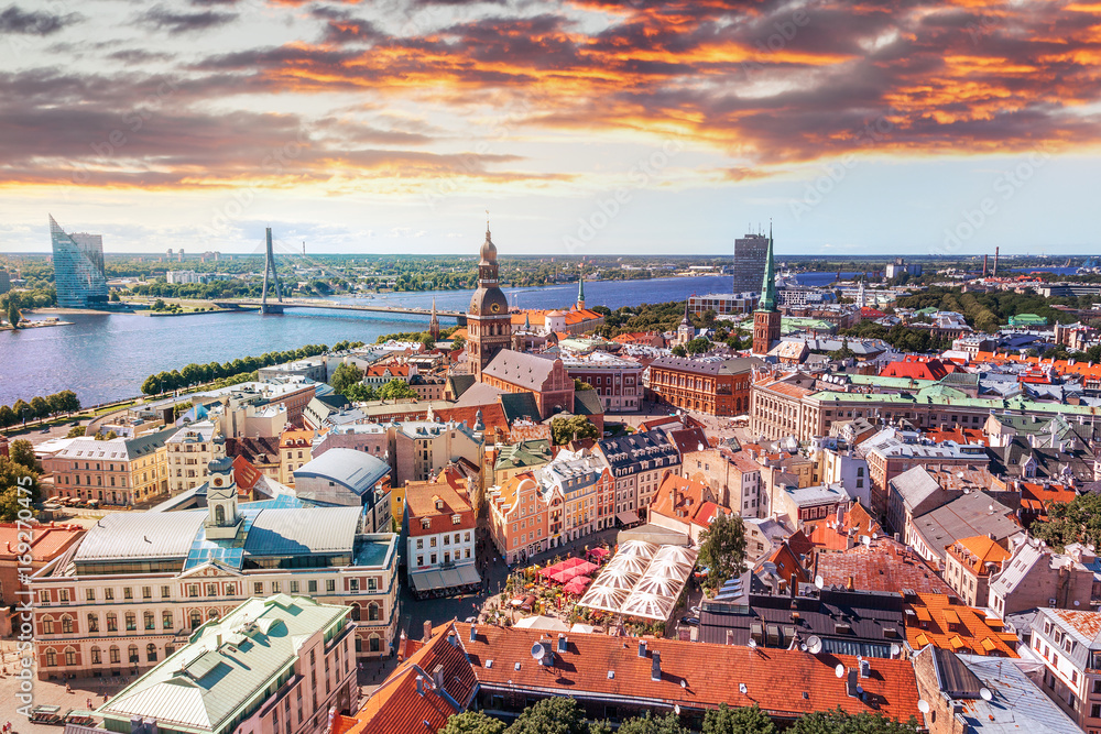 Panorama view from Riga cathedral on old town of Riga, Latvia - obrazy, fototapety, plakaty 