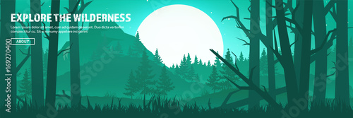 Mountains and forest header. Wild nature landscape. Travel and adventure.Panorama. Into the woods. Horizon line.Trees,fogfog.