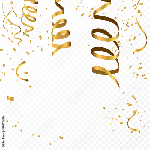 Celebration background template with confetti and gold ribbons.