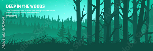 Mountains and forest header. Wild nature landscape. Travel and adventure.Panorama. Into the woods. Horizon line.Trees,fogfog.