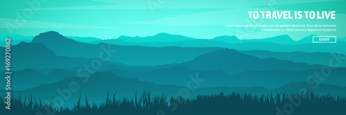 Mountains and forest header. Wild nature landscape. Travel and adventure.Panorama. Into the woods. Horizon line.Trees,fogfog.