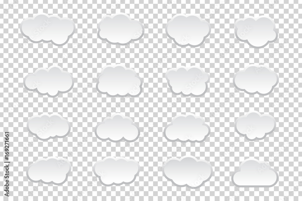 Vector set of isolated realistic paper cloud speech bubbles on the transparent background. Vector set of isolated realistic paper cloud speech bubbles on the transparent background.