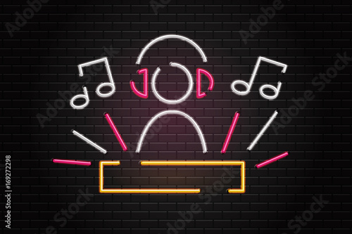 Vector realistic isolated neon retro sign of dj and notes for decoration and covering on the wall background. Concept of music, dj profession and disco.