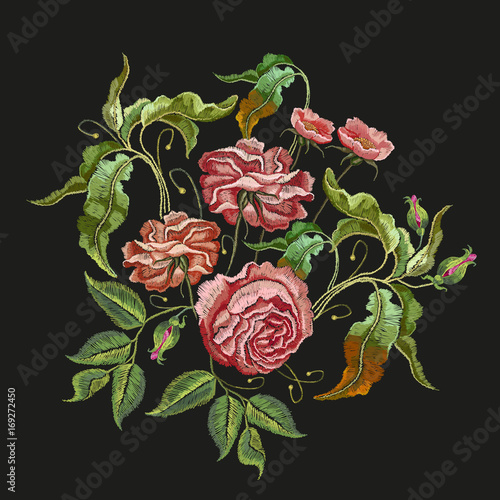 Roses embroidery. Classical embroidery vintage buds of roses on black background. Fashionable template for design of clothes, t-shirt design, tapestry flowers renaissance style vector photo