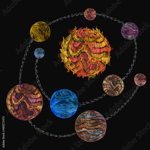 Embroidery universe, planets of solar system. Fashionable art embroidery solar system and planets in space fashionable clothes, t-shirt design, print