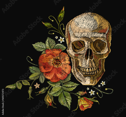 Embroidery skull and roses. Dia de muertos, day of the dead art. Gothic romanntic embroidery human skulls red roses, clothes template and t-shirt design vector