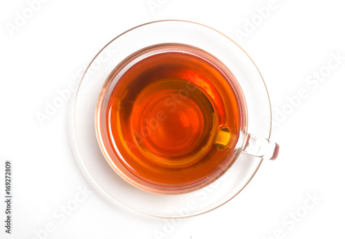 Isolate a cup of tea on a saucer from above