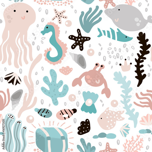 Seamless pattern with undersea elements and fish,octopus,whale,seaweeds,crab. Childish texture for fabric, textile. Vector background