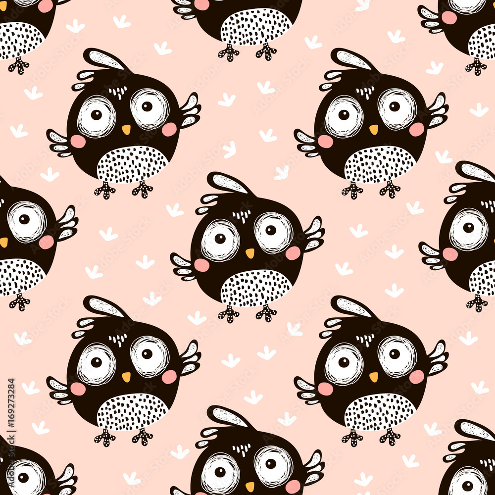 Fototapeta premium Seamless pattern with cartoon birds in scandinavian style. Creative vector childish background for fabric, textile