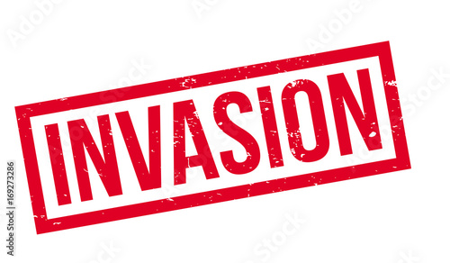 Invasion rubber stamp. Grunge design with dust scratches. Effects can be easily removed for a clean, crisp look. Color is easily changed.