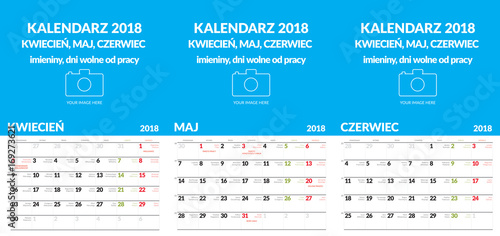 Polski kalendarz ścienny format A3 zawiera imieniny i święta. Trzy miesiące Kwiecień, Maj, Czerwec. Pozostałe w innych plikach