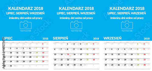 Polski kalendarz ścienny format A3 zawiera imieniny i święta. Trzy miesiące Lipiec, Sierpień, Wrzesień. Pozostałe w innych plikach
