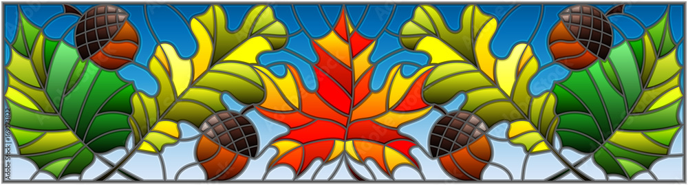 Illustration in stained glass style on the theme of autumn, leaves, oak, maple , aspen and acorns on a blue background,horizontal orientation