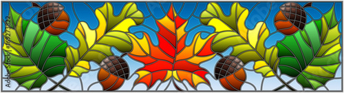 Illustration in stained glass style on the theme of autumn, leaves, oak, maple , aspen and acorns on a blue background,horizontal orientation