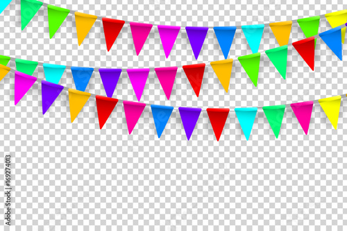 Vector realistic isolated party flags for decoration and covering on the transparent background. Concept of birthday, holiday and celebration.
