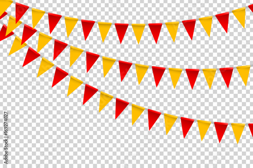 Vector realistic isolated party flags for decoration and covering on the transparent background. Concept of birthday, holiday and celebration. photo