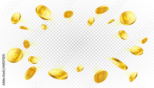 Explosion of gold coins with place for text on transparent background photo