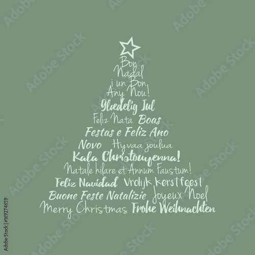 Moderne Grußkarte zu Weihnachten mit internationalen Weihnachtsgrüßen